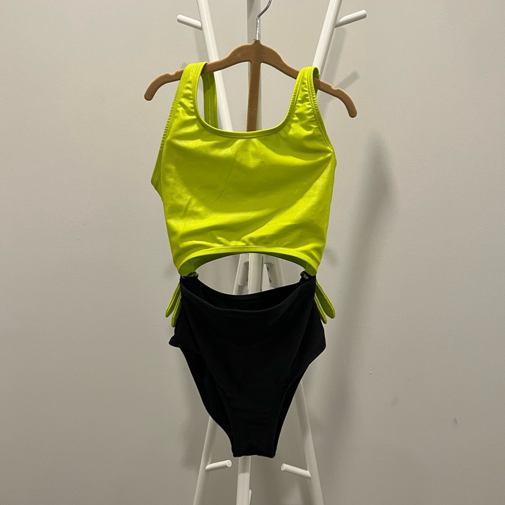 Neon and black cutout bathing suit for little girls in size 7/8